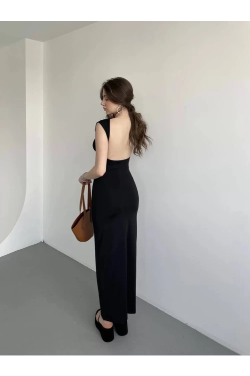 Kadın Siyah Sırt Dekolteli Yumuşak Dokulu Elbise HZL25S-ZK13321