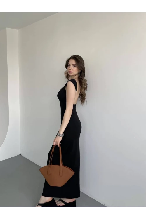 Kadın Siyah Sırt Dekolteli Yumuşak Dokulu Elbise HZL25S-ZK13321