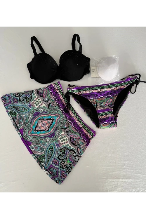 Kadın Siyah Taş İşlemeli Desenli 3 Parça Etekli Bikini Takım HZL25S-LC3326