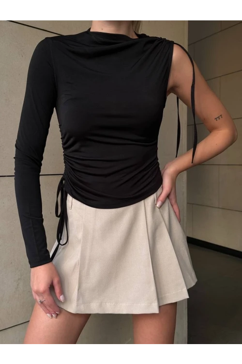 Kadın Siyah Tek Kol Yanları Büzgülü Sandy Kumaş Bluz HZL25W-ZK11501