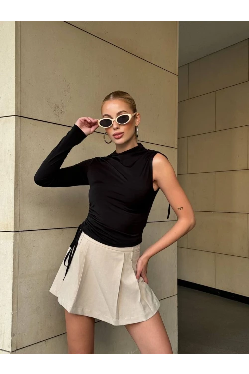 Kadın Siyah Tek Kol Yanları Büzgülü Sandy Kumaş Bluz HZL25W-ZK11501