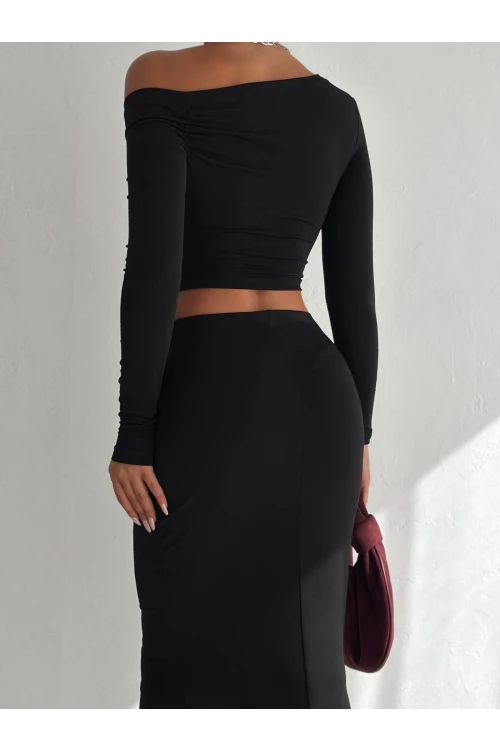 Kadın Siyah Tek Omuz Drapeli Sandy Kumaş  İkili Takım HZL25W-FRY122511