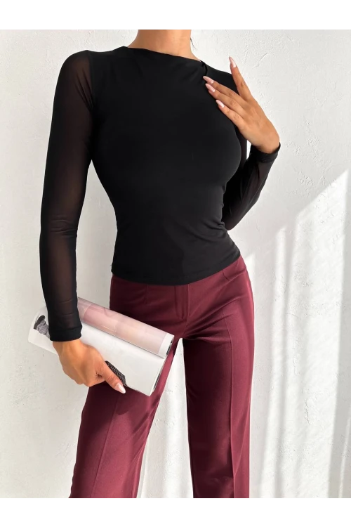 Kadın Siyah Uzun Tül Kol Sandy Bluz HZL25W-FRY122521