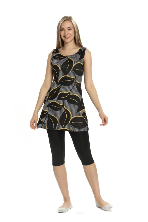 Kadın Siyah Yaprak Desen Kolsuz Yarı Kapalı Taytlı Mayo HZL25S-AR152/506