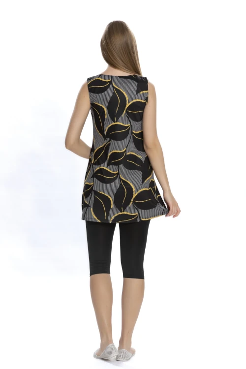 Kadın Siyah Yaprak Desen Kolsuz Yarı Kapalı Taytlı Mayo HZL25S-AR152/506