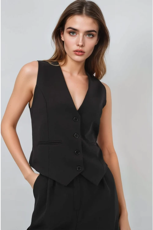 Kadın Siyah Yelek Pantolon Takım HZL25S-BD167091