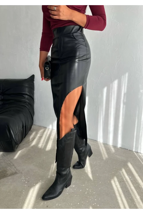 Kadın Siyah Yüksek Bel Cep Detaylı Yandan Yırtmaçlı Etek HZL25W-FRY122461