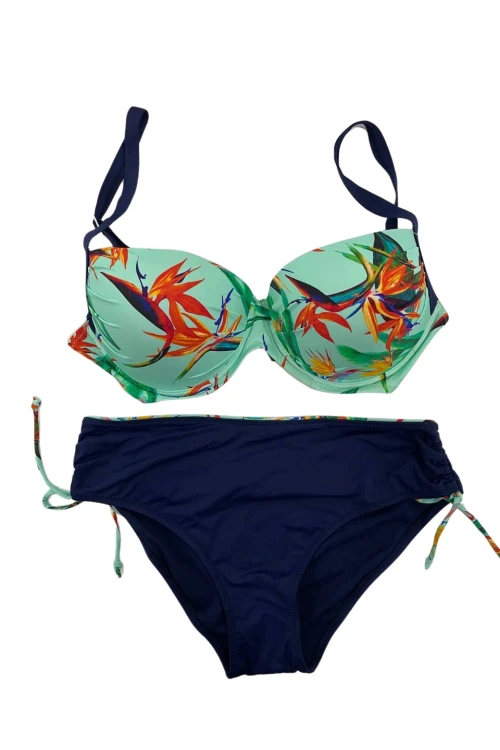 Kadın Turkuaz Lacivert Desenli Büyük Beden Astarlı Bikini Takım HZL25S-LC3327