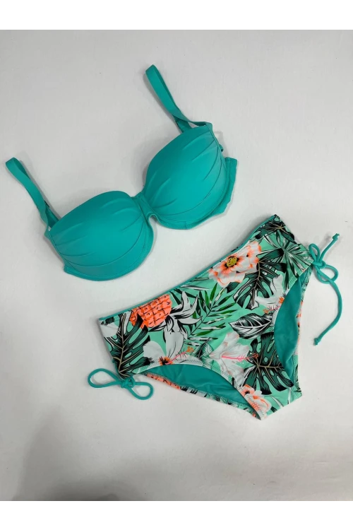 Kadın Turkuaz Mavi Tropikal Desen Bikini Takım HZL25S-LC3325