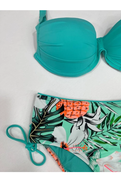 Kadın Turkuaz Mavi Tropikal Desen Bikini Takım HZL25S-LC3325