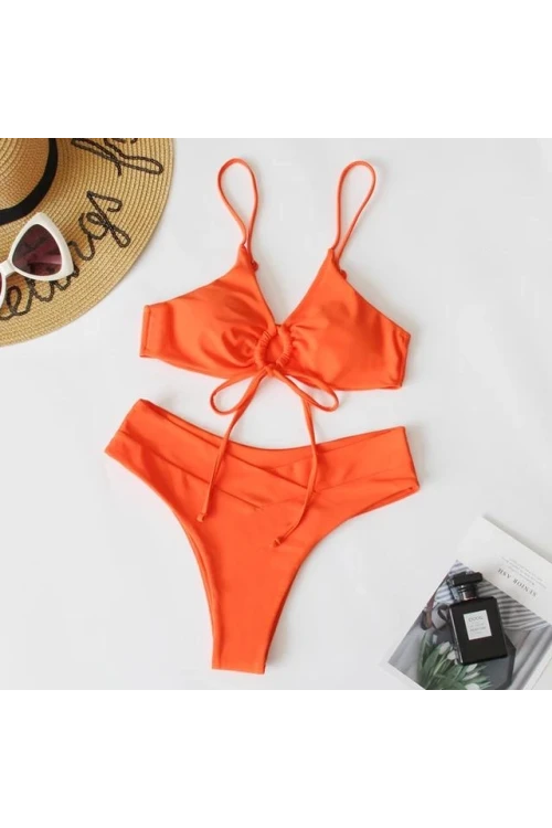 Kadın Turuncu İp Detaylı Astarlı V Kesim Üçgen Bikini Takım HZL24S-LC2234