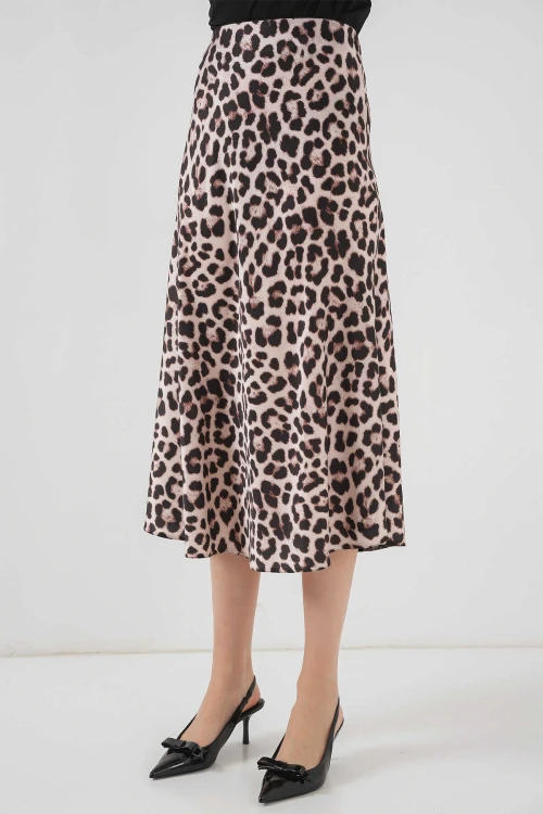 Kadın Vizon Leopar Desenli Saten Yüzeyli Beli Lastikli Midi Boy Etek Hzl23S-BD1101471