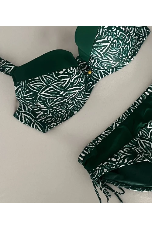 Kadın Yeşil Beyaz Desenli Büyük Beden Astarlı Bikini Takım HZL25S-LC4006