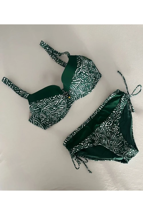 Kadın Yeşil Beyaz Desenli Büyük Beden Astarlı Bikini Takım HZL25S-LC4006