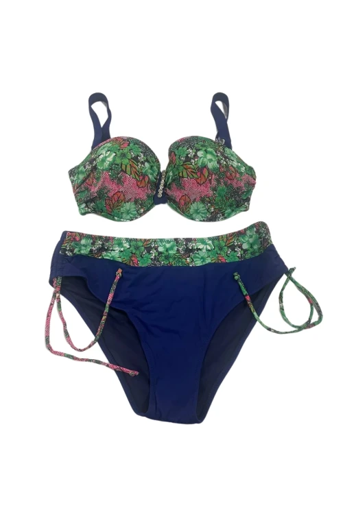 Kadın Yeşil Çiçek Desenli Büyük Beden Astarlı Lacivert Bikini Takım HZL25S-LC3301