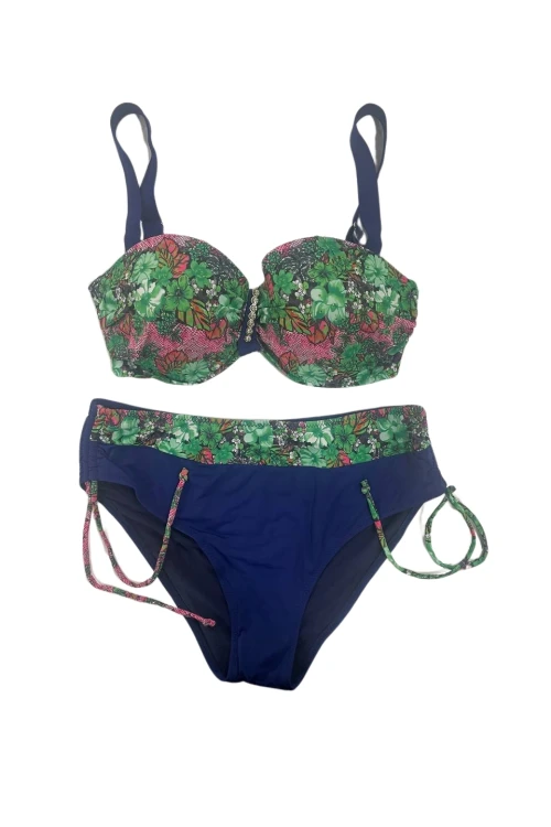 Kadın Yeşil Çiçek Desenli Büyük Beden Astarlı Lacivert Bikini Takım HZL25S-LC3301