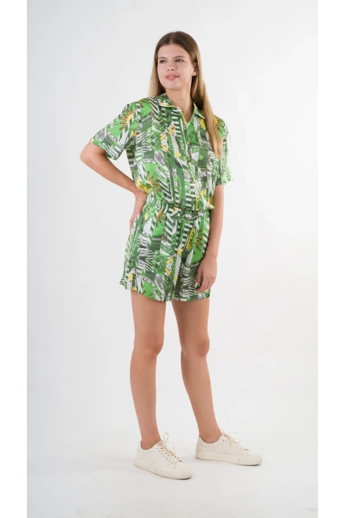 Kadın Yeşil Desenli Şort Gömlek Alt Üst Takım  HZL24S-YY226