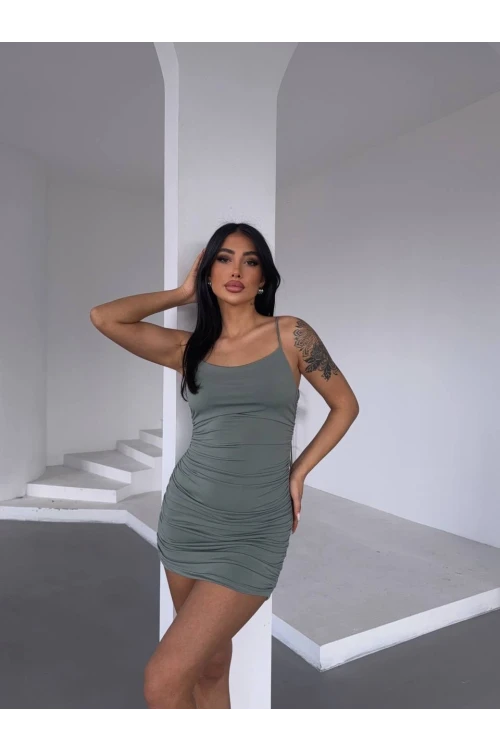 Kadın Yeşil İnce Askılı Yanlardan Drapeli Mini Elbise HZL25S-FRY123071