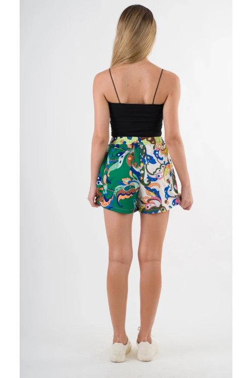 Kadın Yeşil Pembe Beli Lastikli Ve Bağlamalı Cepli Şort HZL24S-YY226