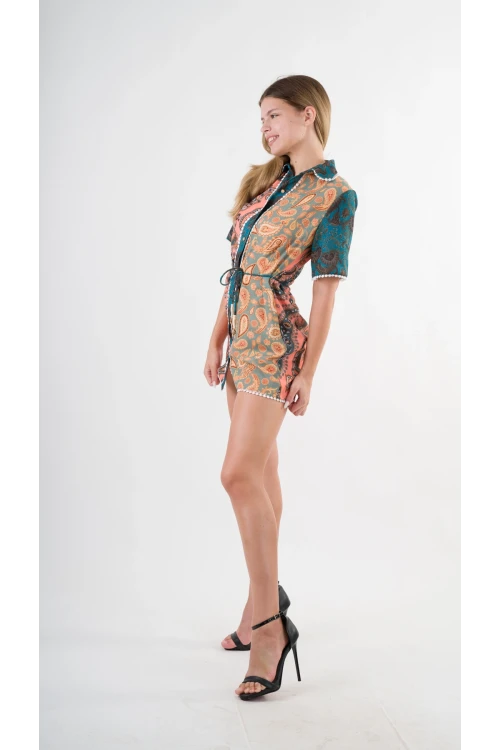 Kadın Yeşil Sarı İp Kemerli Küpürlü Gömlek Görünümlü Elbise HZL24S-YY237