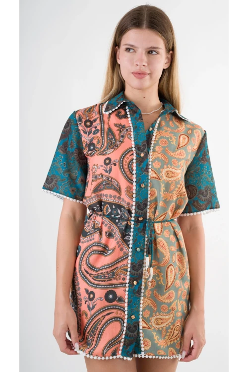 Kadın Yeşil Sarı İp Kemerli Küpürlü Gömlek Görünümlü Elbise HZL24S-YY237