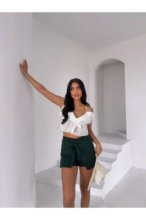 Kadın Zümrüt Yeşil Bağlama Detay Müslin Şort HZL25S-DSB2323
