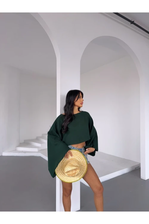 Kadın Zümrüt Yeşil Panço Model Müslin Bluz HZL25S-DSB16161