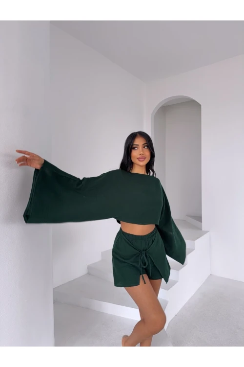 Kadın Zümrüt Yeşil Panço Model Müslin Bluz HZL25S-DSB16161