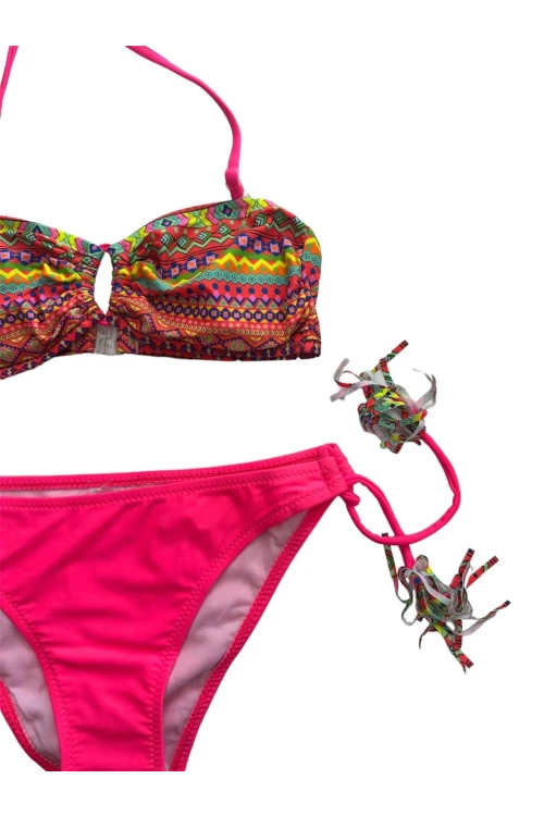 Kız Çocuk Fuşya Çok Renkli  İp Detaylı Astarlı 4-12 Yaş Üçgen Bikini Takım HZL24S-LC1904