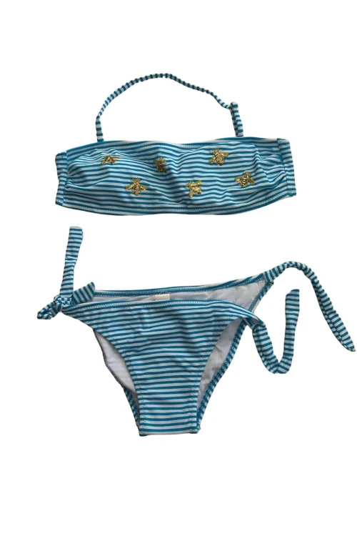 Kız Çocuk Mavi Beyaz Çizgili Arı Çıkartmalı 4-12 Yaş Straplez Bikini Takım HZL24S-LC3228