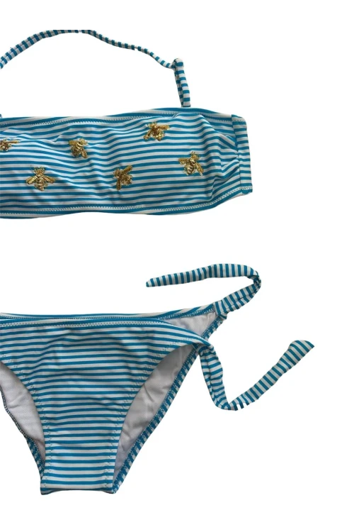 Kız Çocuk Mavi Beyaz Çizgili Arı Çıkartmalı 4-12 Yaş Straplez Bikini Takım HZL24S-LC3228