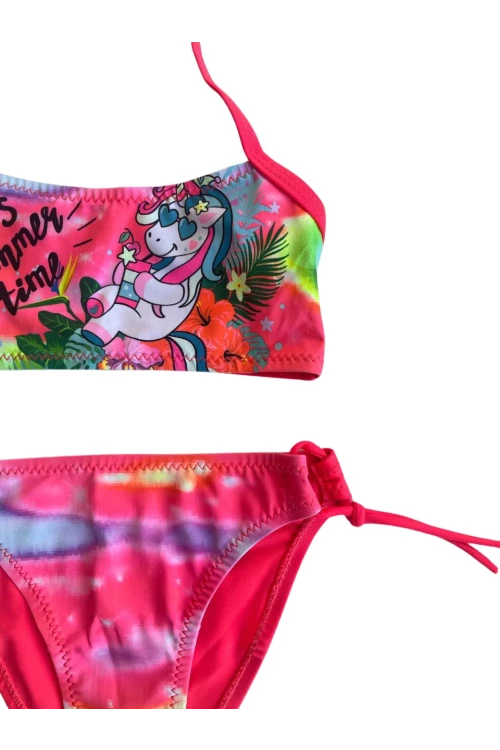 Kız Çocuk Neon Pembe Desenli  2-8 Yaş Straplez Bikini Takım HZL24S-LC3652