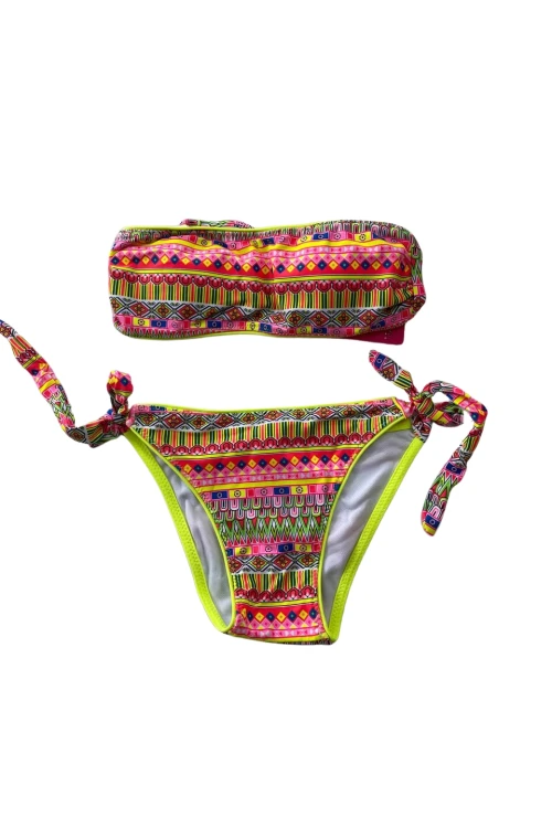 Kız Çocuk Neon Sarı Çok Renkli Astarlı 4-12 Yaş Straplez Bikini Takım HZL24S-LC6355