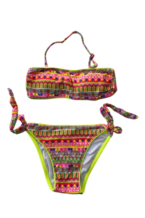 Kız Çocuk Neon Sarı Çok Renkli Astarlı 4-12 Yaş Straplez Bikini Takım HZL24S-LC6355