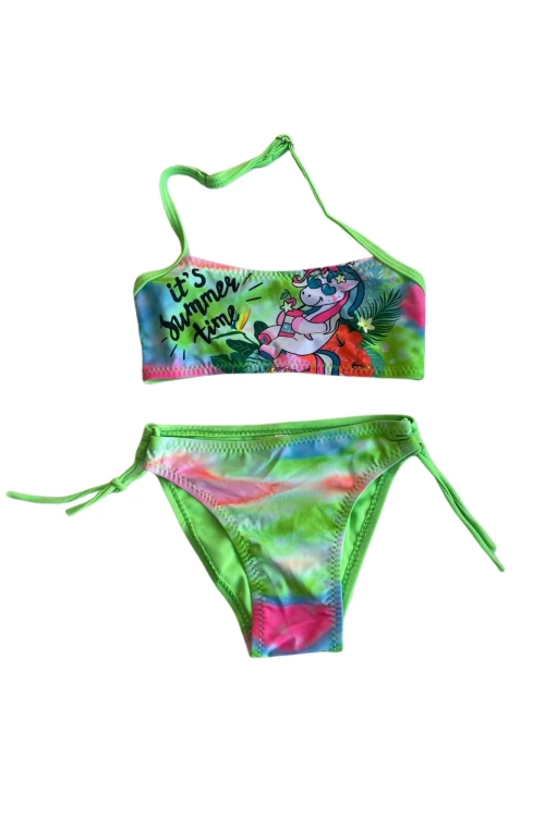 Kız Çocuk Neon Yeşil Desenli  2-8 Yaş Straplez Bikini Takım HZL24S-LC3652