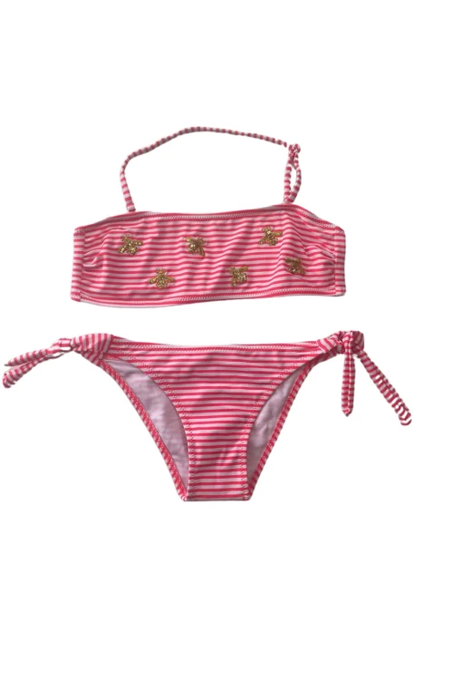 Kız Çocuk Pembe Beyaz Çizgili Arı Çıkartmalı 4-12 Yaş Straplez Bikini Takım HZL24S-LC3228