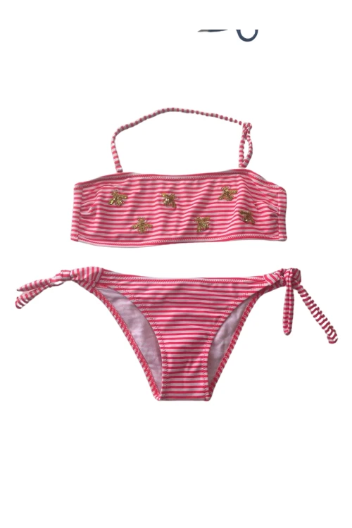 Kız Çocuk Pembe Beyaz Çizgili Arı Çıkartmalı 4-12 Yaş Straplez Bikini Takım HZL24S-LC3228