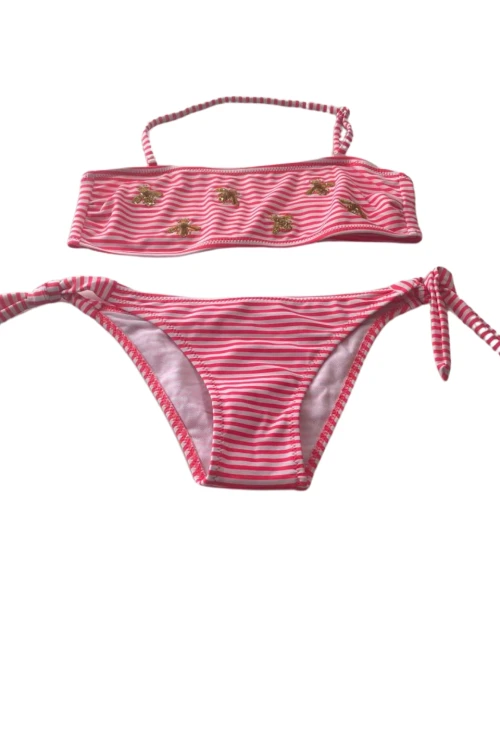 Kız Çocuk Pembe Beyaz Çizgili Arı Çıkartmalı 4-12 Yaş Straplez Bikini Takım HZL24S-LC3228