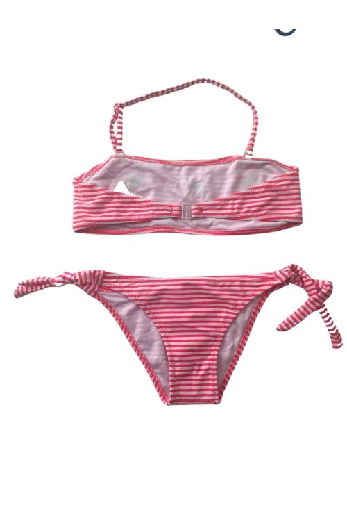 Kız Çocuk Pembe Beyaz Çizgili Arı Çıkartmalı 4-12 Yaş Straplez Bikini Takım HZL24S-LC3228