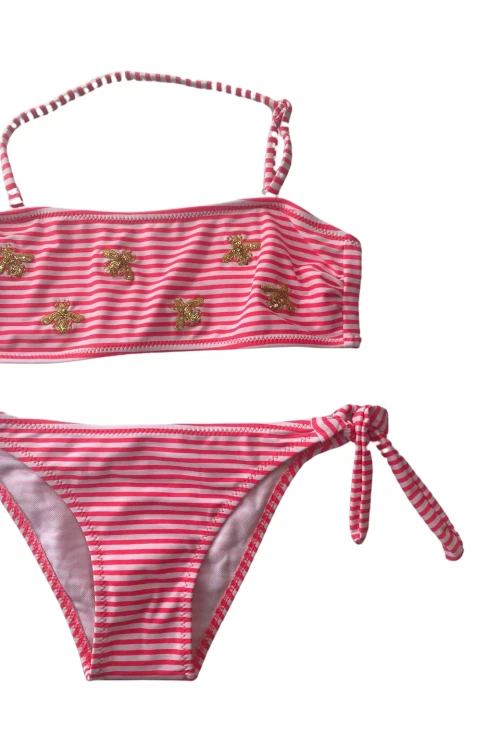 Kız Çocuk Pembe Beyaz Çizgili Arı Çıkartmalı 4-12 Yaş Straplez Bikini Takım HZL24S-LC3228