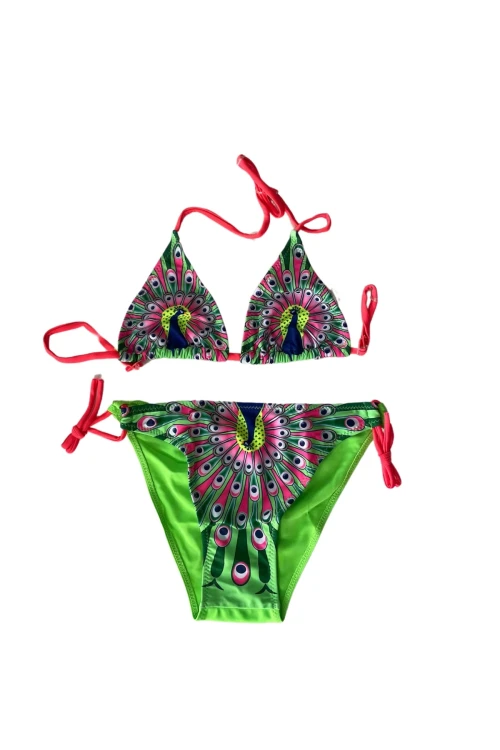 Kız Çocuk Yeşil Tavuz Kuşu Desenli  6-14 Yaş Üçken Bikini Takım HZL24S-LC9017