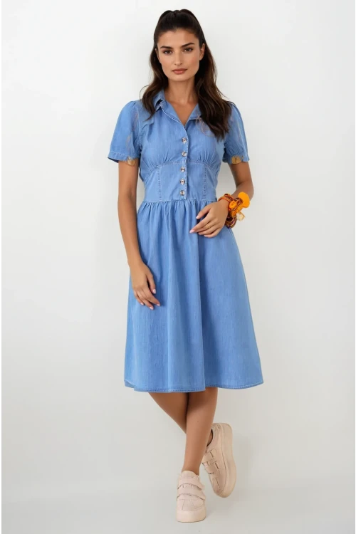 Kadın Açık Mavi Kısa Kollu Beli lastikli Yarım Düğmeli Göğüs Pensli Kot Elbise HZL22S-BD122101