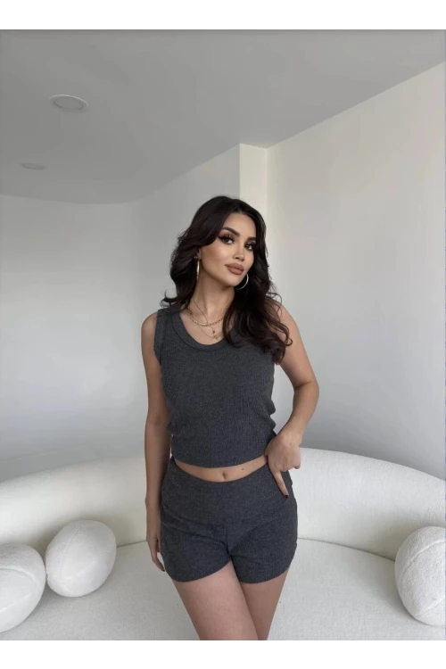 Kadın Antrasit Bel Katlamalı Şortlu Bluz Basic Takım HZL25W-ZK11191