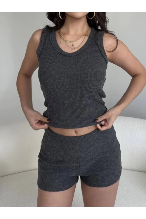 Kadın Antrasit Bel Katlamalı Şortlu Bluz Basic Takım HZL25W-ZK11191