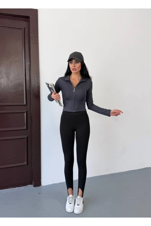 Kadın Antrasit Dalgıç Kumaş Fermuar Kapamalı Parmak Geçirmeli Sweatshirt HZL25W-FRY123441