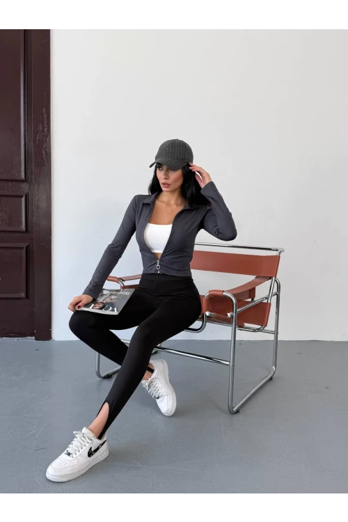 Kadın Antrasit Dalgıç Kumaş Fermuar Kapamalı Parmak Geçirmeli Sweatshirt HZL25W-FRY123441