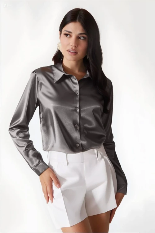 Kadın Antrasit Hafif Dökümlü Saten Yüzeyli Gömlek Hzl22w-bd139641