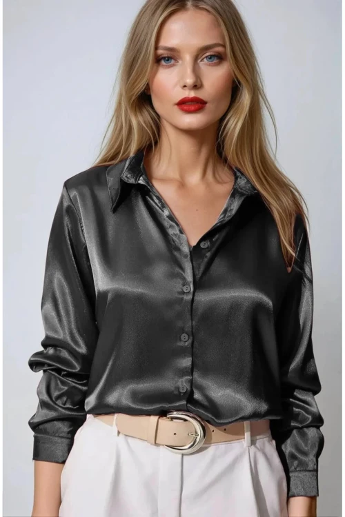 Kadın Antrasit Hafif Dökümlü Saten Yüzeyli Gömlek Hzl22w-bd139641