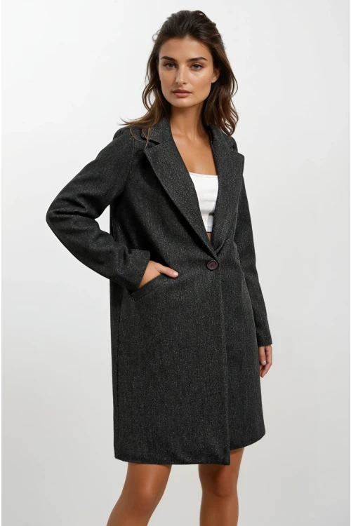 Kadın Antrasit Tek Düğmeli Çift Cepli Astarlı Şık Kaşe Kaban HZL23W-BD190851
