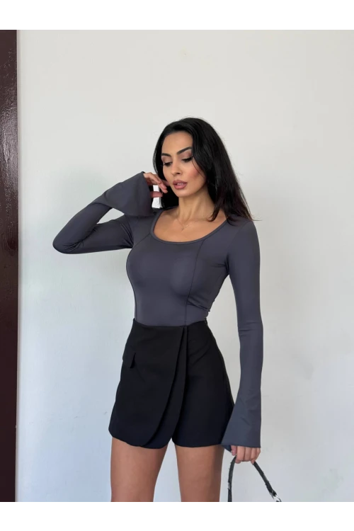 Kadın Antrasit Uzun Kollu Arkası Bağlamalı Fit Kesim Crop Bluz HZL25W-FRY122771